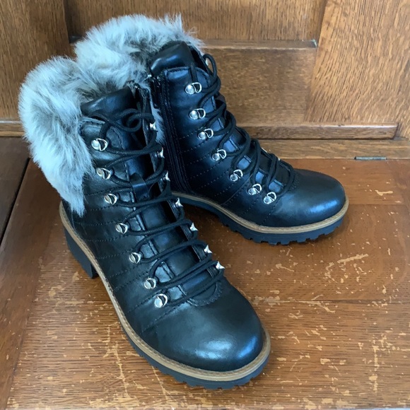 NEW Kari Blue Black Moto Boots With Heel and Faux Fur Trim - Picture 13 of 14